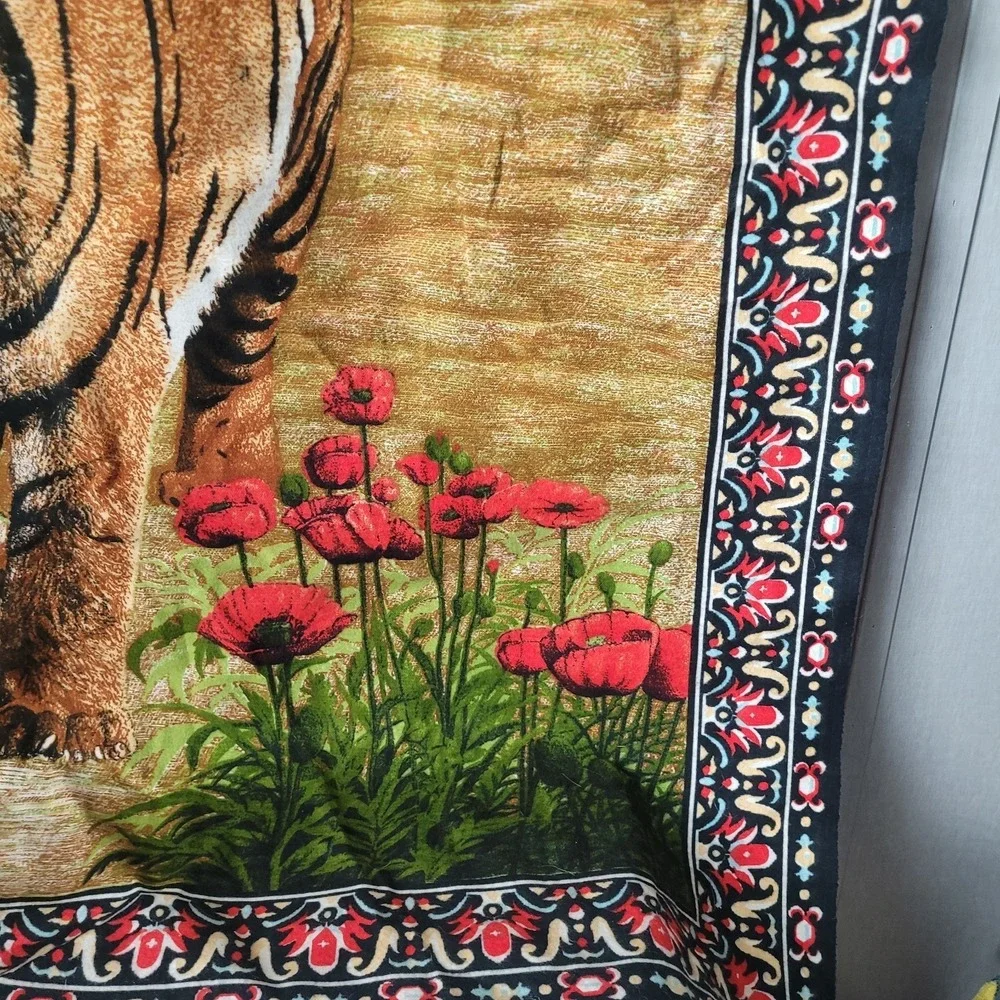 Vintage Tiger in Red Poppies Tapestry Wall Hanging Retro Botanical Wildlife Art